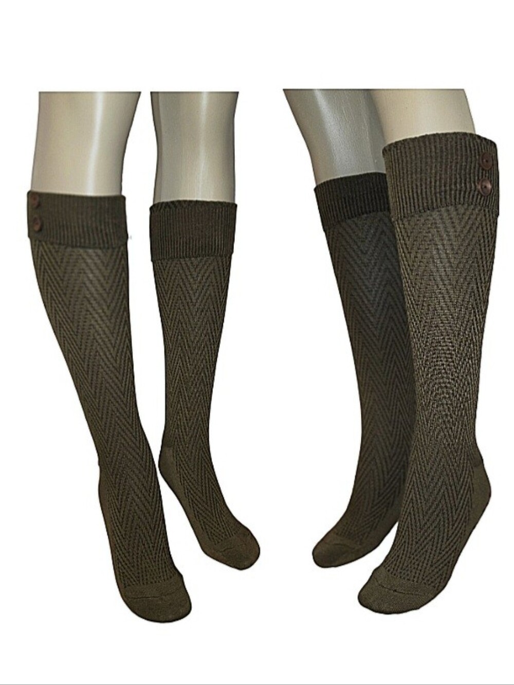 Like Women's Olive Green Chevron Pattern Knee-High Socks with Decorative Buttons